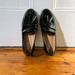 black patent lug-soled loafers, size 8 women's